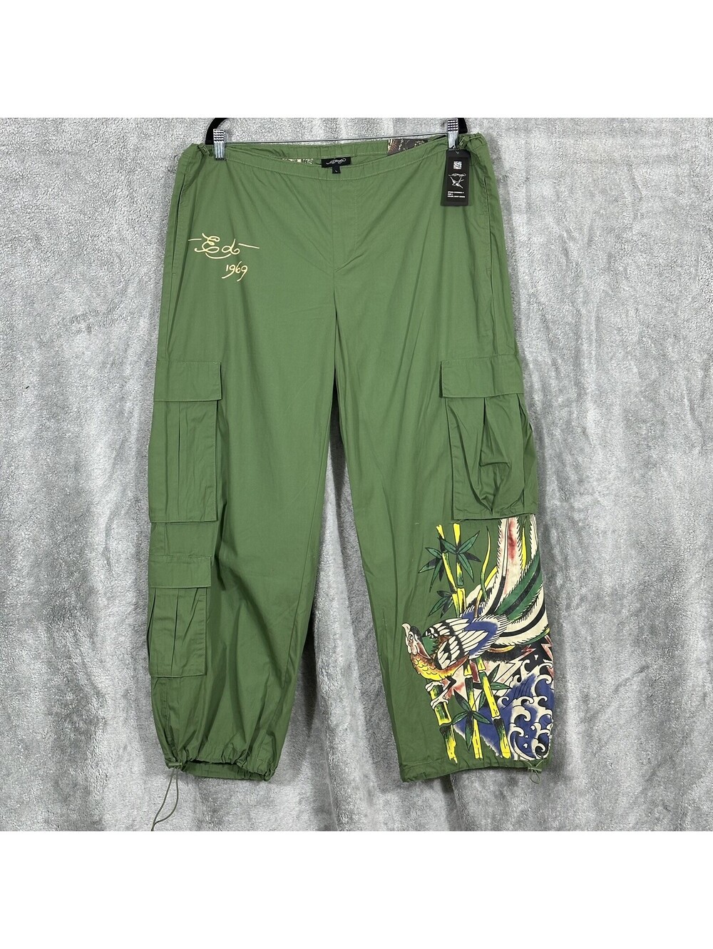 Ed Hardy Women’s Size L Peacock Poplin Cargo Pants Army Green Tattoo Graphics